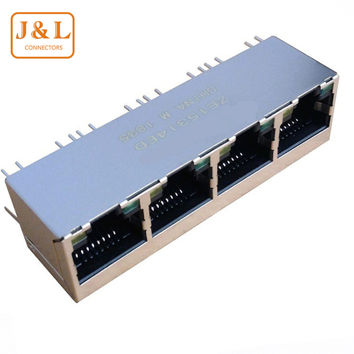 RJ45网络插座 1X4卧式带LED灯带弹片 8P8C四位连体短体带屏蔽母座