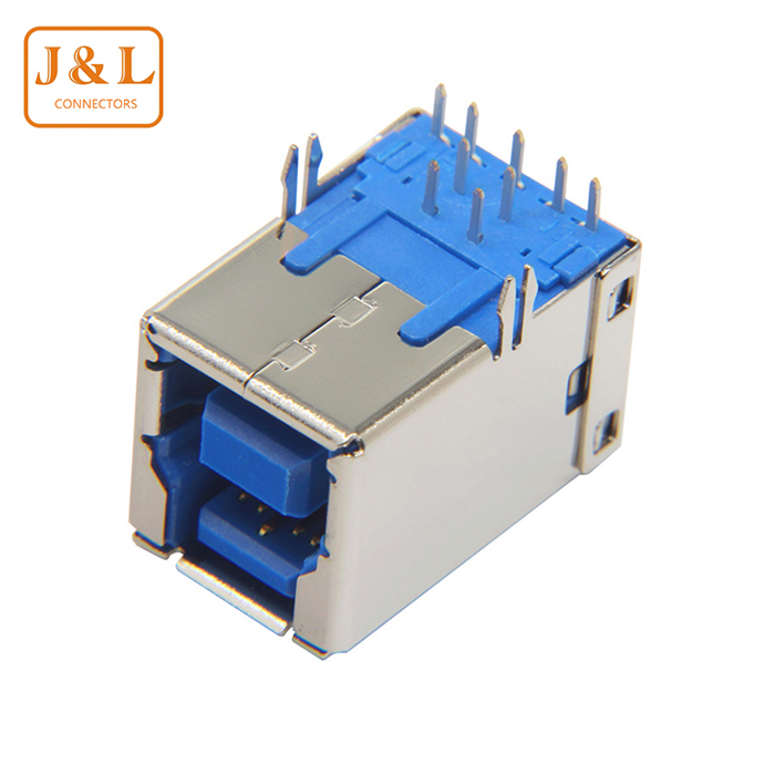 USB3.0B型母座连接器直脚鱼叉B型3.0USB蓝色胶芯耐温阻燃高速母座