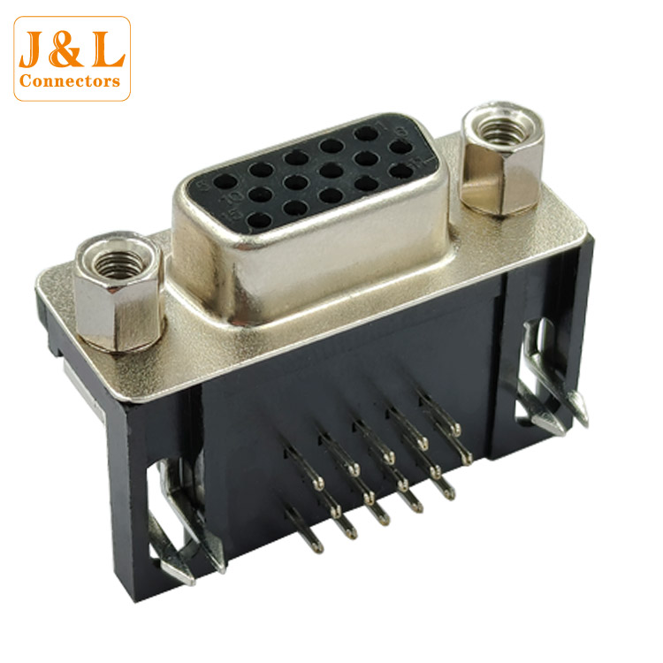 HDR15P三排母头焊板式DB15弯针叉锁 90度串口VGA15针黑色连接器